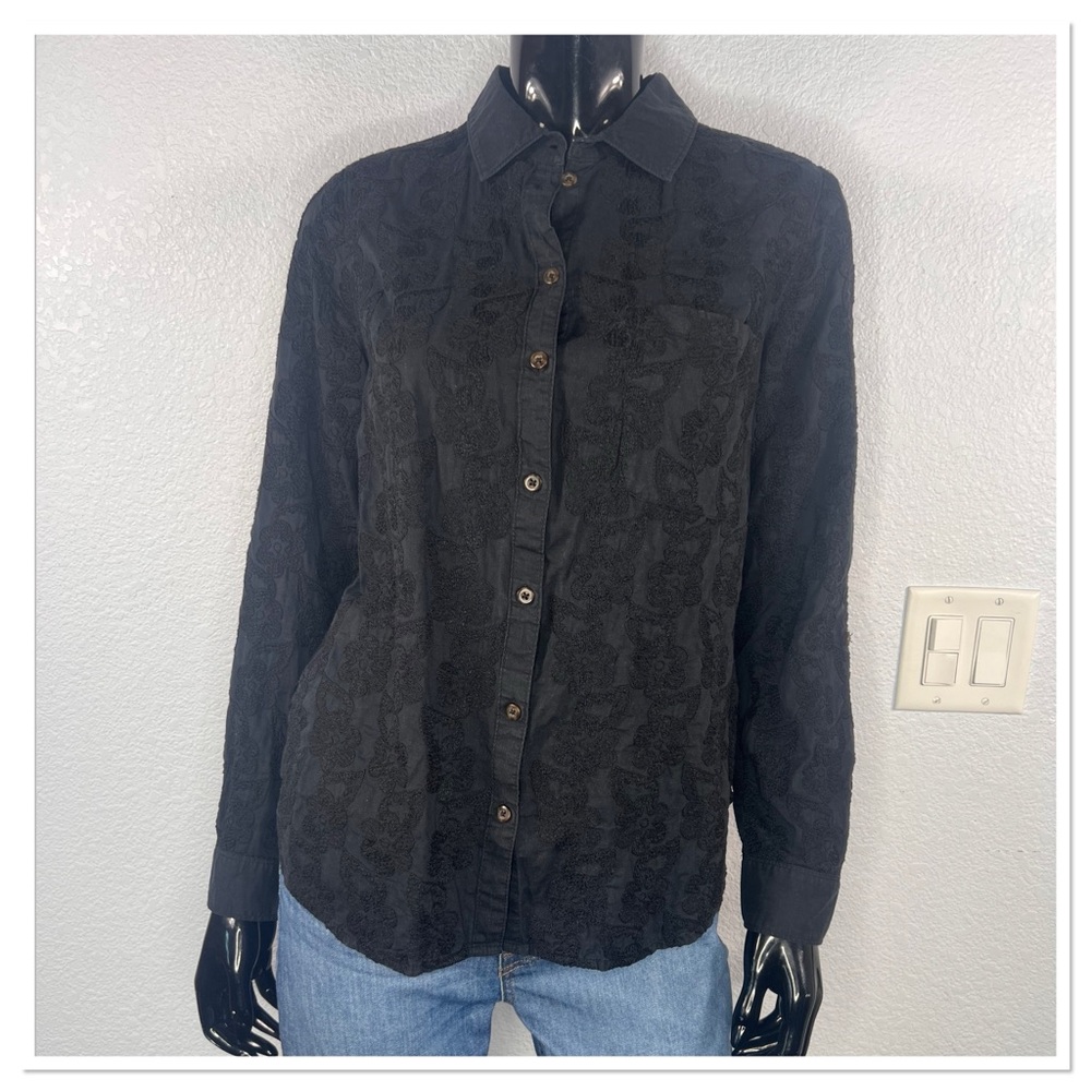 Anthropologie Maeve Black Cotton Button Up Shirt w/Polyester Embroidery Sz 10